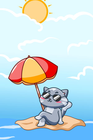 Happy and enjoy cat in beach in the summer cartoon illustrationのイラスト素材