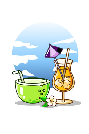 Sweet orange juice with young coconut in the summer cartoon illustrationのイラスト素材