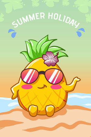 Happy and cute pineapple in beach in the summer cartoon illustrationのイラスト素材