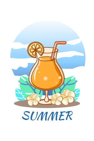 Sweet orange ice juice in summer cartoon illustrationのイラスト素材