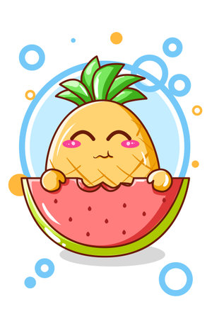 Cute pineapple with watermelon in summer cartoon illustrationのイラスト素材