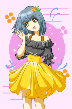 Happy and funny girl with black yellow dress in the summer cartoon illustrationのイラスト素材