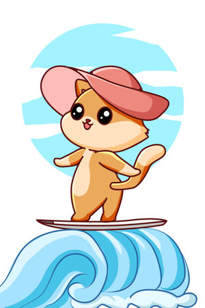Cute cat with surfing board in the summer cartoon illustrationのイラスト素材