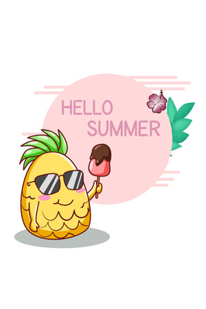 Hello summer with cute pineapple cartoon illustrationのイラスト素材