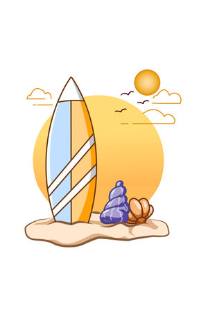 Surfing board in beach in summer cartoon illustrationのイラスト素材
