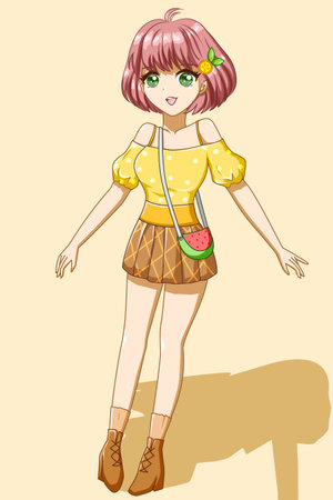 Cute and beautiful girl in the summer with yellow dress cartoon illustrationのイラスト素材