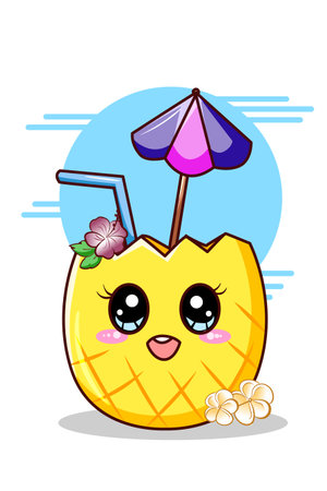 Sweet and cute pineapple drink in the summer cartoon illustrationのイラスト素材