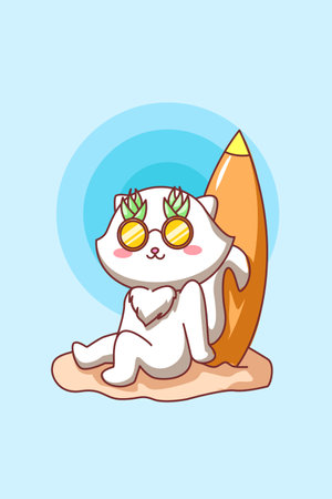 Funny and happy cat with surfing board in beach  cartoon illustrationのイラスト素材