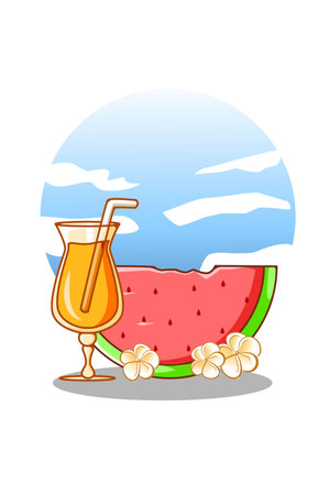 Sweet watermelon with orange juice in the summer cartoon illustrationのイラスト素材