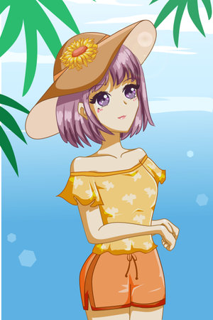 Beautiful girl in the summer with sunflower cartoon illustrationのイラスト素材