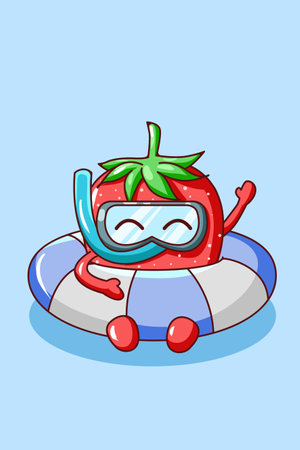 Cute strawberry swimming in summer cartoon illustrationのイラスト素材