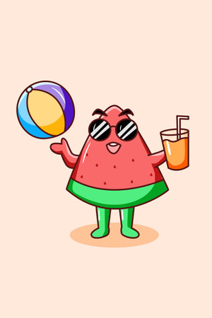 Cute watermelon with orange juice in summer cartoon illustrationのイラスト素材
