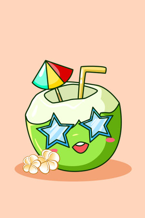 Cute young coconut in summer cartoon illustrationのイラスト素材