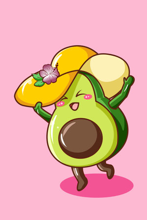 Cute and happy avocado with hat in summer cartoon illustrationのイラスト素材