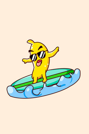 Happy banana surfing in sea in the summer cartoon illustrationのイラスト素材