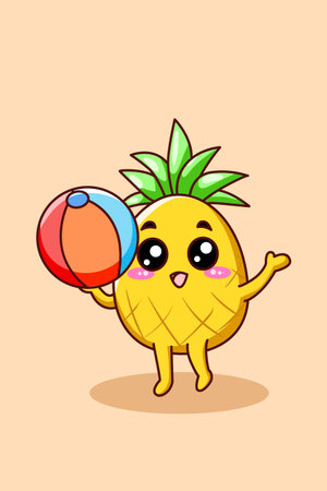 Cute pineapple with volleyball cartoon illustrationのイラスト素材