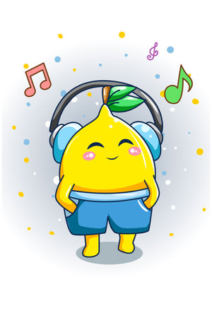 Cute lemon listening music design cartoon illustrationのイラスト素材