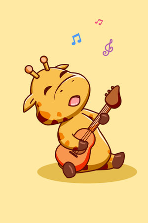 Happy and funny giraffe playing guitar cartoon illustrationのイラスト素材