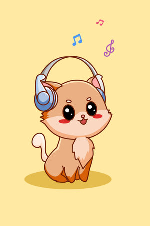 Cute cat listening music with headset icon cartoon illustrationのイラスト素材