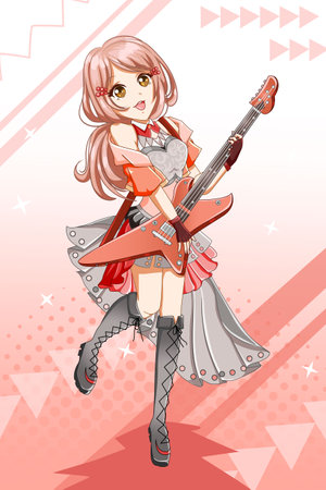 Cute rock-star girl with guitar, design character game cartoon illustrationのイラスト素材