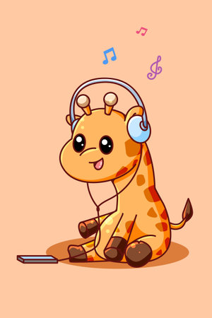 Cute giraffe listening music with headset cartoon illustrationのイラスト素材