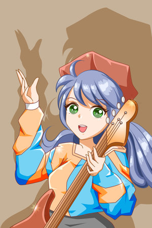 Beautiful and funky girl rock star with guitar character cartoon illustrationのイラスト素材