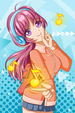 Beautiful and happy girl listening music with music notes character cartoon illustrationのイラスト素材