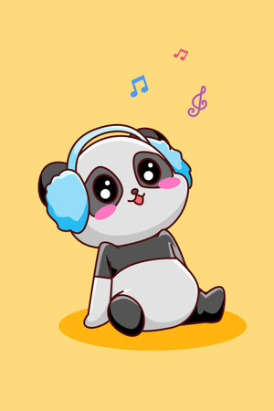 Cute and happy panda listening music icon cartoon illustrationのイラスト素材