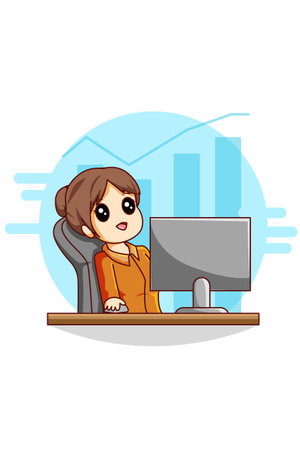 Woman working with laptop and diagram business cartoon illustrationのイラスト素材