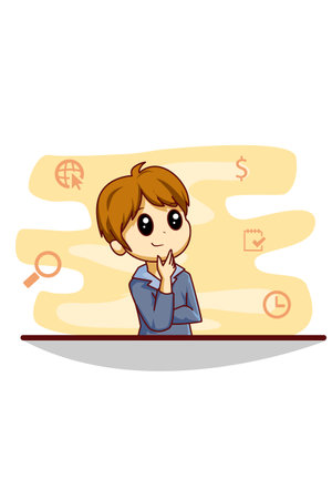 Office worker boy thinking about business cartoon illustrationのイラスト素材