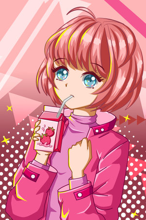Beautiful and cute girl with strawberry milk character cartoon illustrationのイラスト素材