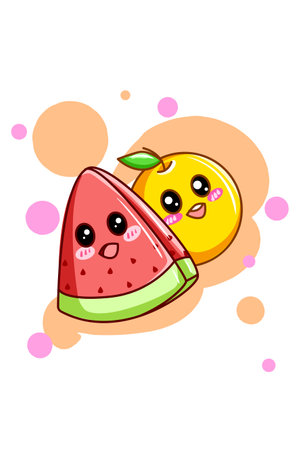 Happy and funny cute watermelon with orange cartoon illustrationのイラスト素材
