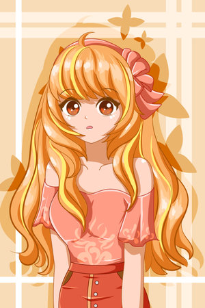 Cute and beautiful girl blonde hair with ribbon cartoon illustrationのイラスト素材