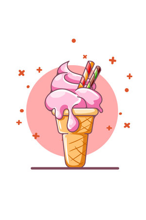 Sweet and cool ice cream with wafer cartoon illustrationのイラスト素材