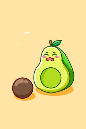 Cute and sad avocado icon cartoon illustrationのイラスト素材