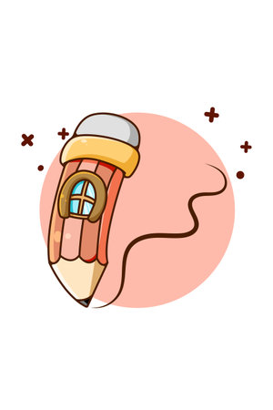 Cute pencil with window for school cartoon illustrationのイラスト素材