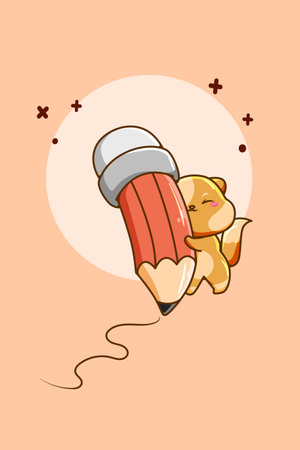 Pencil with cute cat for school cartoon illustrationのイラスト素材