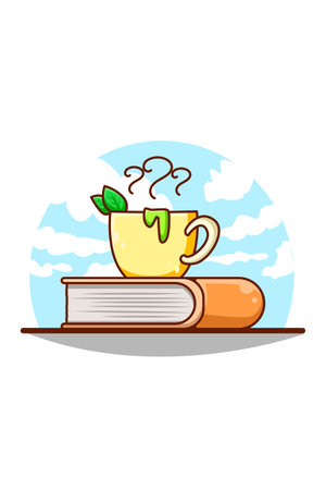 Book and green tea cartoon illustrationのイラスト素材