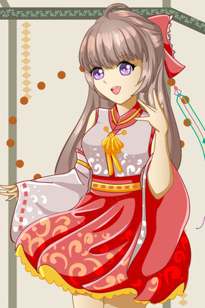 A beautiful and happy girl with kimono design cartoon illustrationのイラスト素材