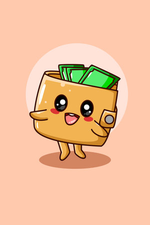 Cute and happy wallet with money cartoon illustrationのイラスト素材