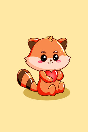 Cute and funny red panda with heart animal cartoon illustrationのイラスト素材