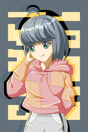 Cute and cool girl with jacket design character cartoon illustrationのイラスト素材