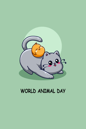Funny cat and duck in world animal day cartoon illustrationのイラスト素材
