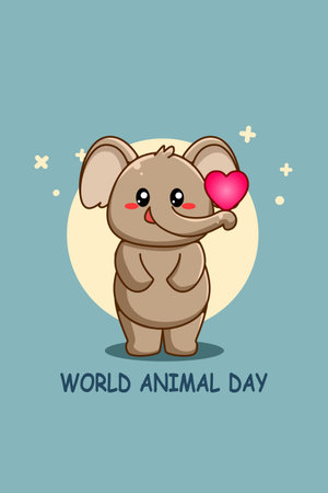 Funny elephant with heart in world animal day cartoon illustrationのイラスト素材