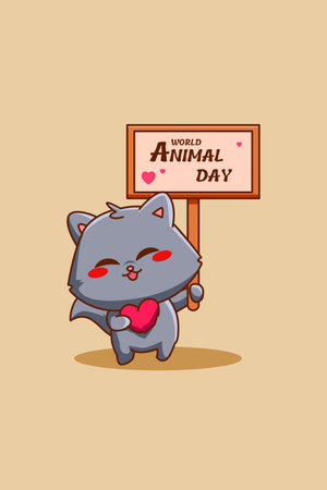 Cute cat with world animal day text cartoon illustrationのイラスト素材