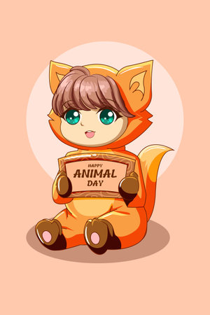 Cute girl with animal costume in animal day text cartoon illustrationのイラスト素材