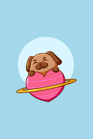 Cute and happy dog with heart planet animal cartoon illustrationのイラスト素材