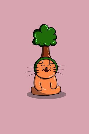 Cute happy cat with tree animal cartoon illustrationのイラスト素材