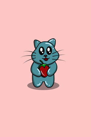 Cute happy cat with strawberry cartoon illustrationのイラスト素材