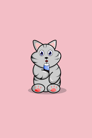 Cute cat with drink animal cartoon illustrationのイラスト素材